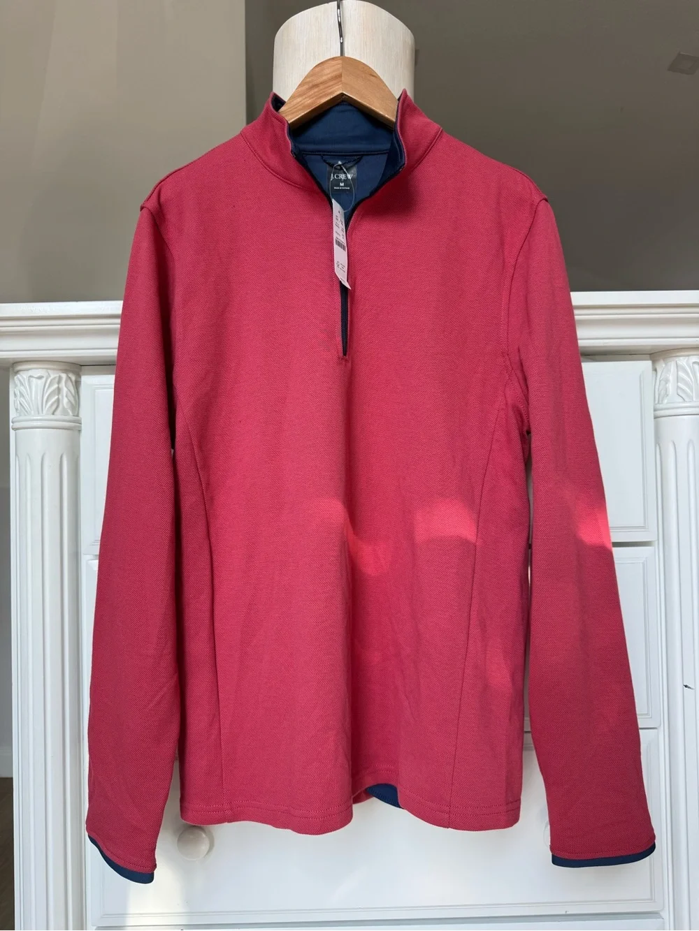 J. Crew Raspberry Quarter-Zip Pullover with Navy Trim NWT size M